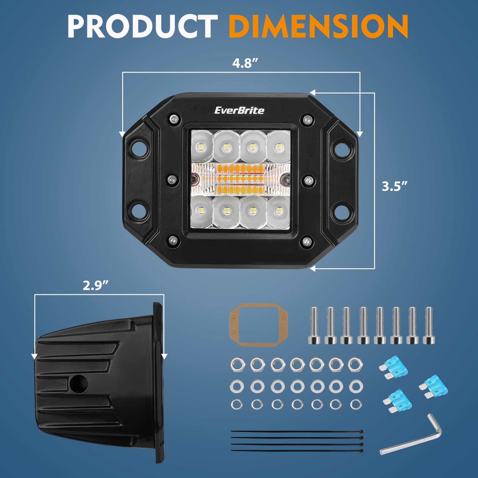 EverBrite 2PCS 48W Led Light Pods Flush Mount, Spot Flood White Amber Strobe 6 Modes with Memory Function, Off Road Fog Driving Light for Truck Car ATV SUV Cabin, 16AWG Wiring Harness Kit- 2 Leads - Image 4