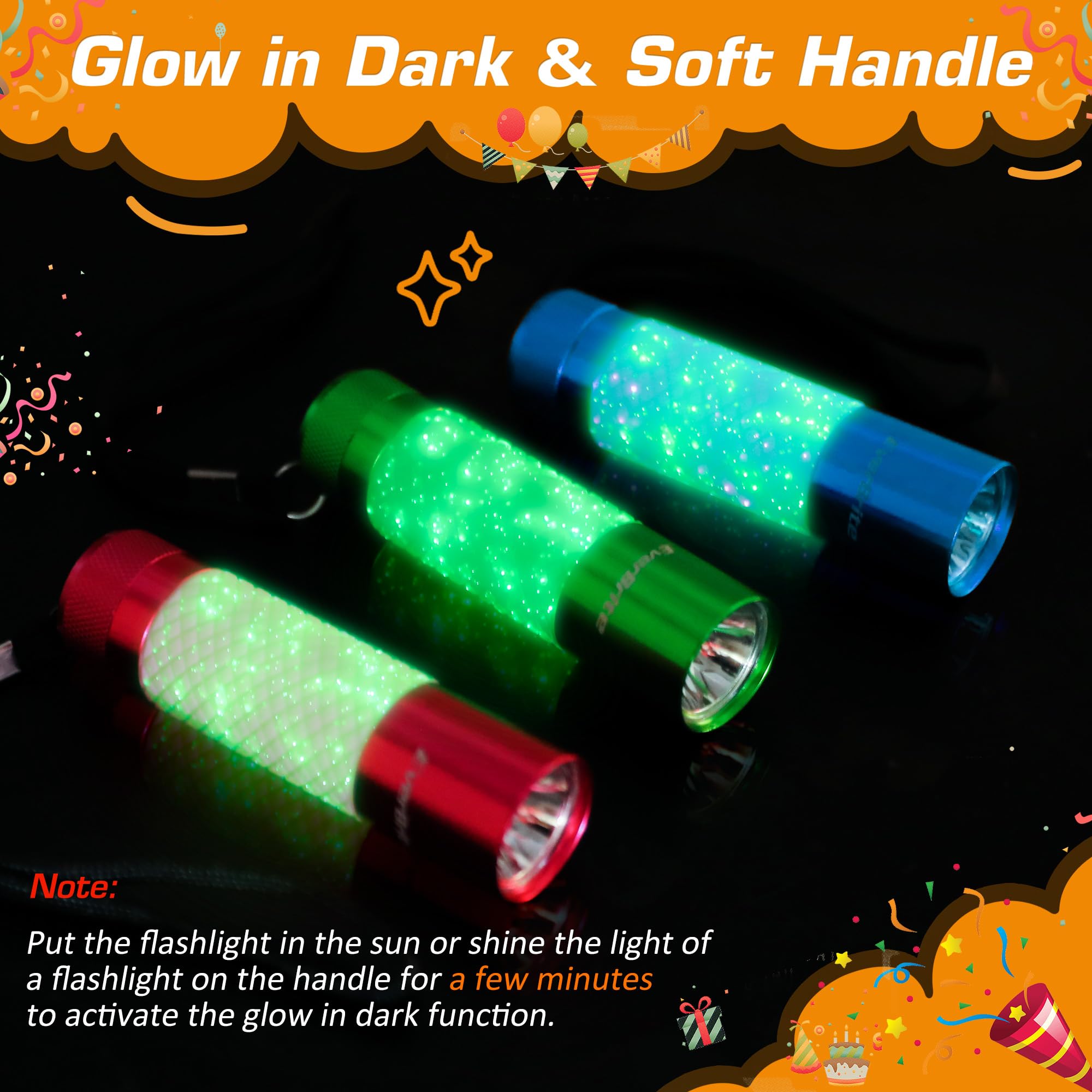 EverBrite 6-Pack Mini Flashlights, Glow in Dark Flashlights, Aluminum LED Flashlights Party Favors Assorted Colors for Camping, Hiking, Indoor, 18XAAA Batteries Included - Image 3