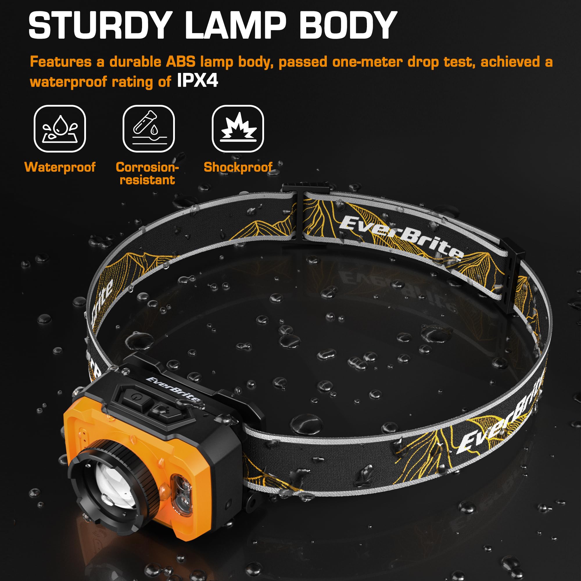 EverBrite 600 Lumen Headlamp, Rechargeable Headlight with 4 Modes, Super Bright Head Lamp with Spotlight & Floodlight, Motion Sensor, Memory Function for Camping, Hiking-Orange - Image 7