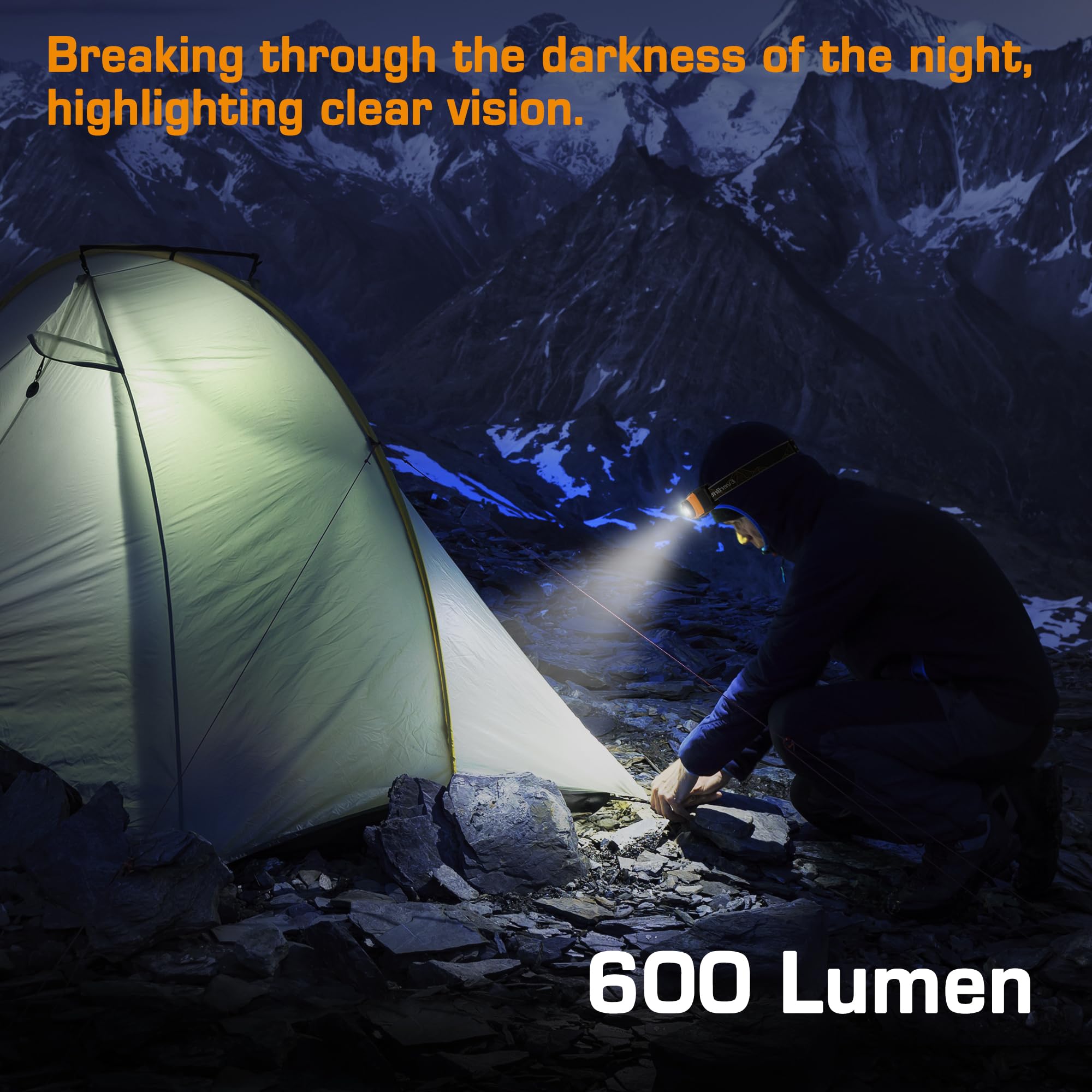 EverBrite 600 Lumen Headlamp, Rechargeable Headlight with 4 Modes, Super Bright Head Lamp with Spotlight & Floodlight, Motion Sensor, Memory Function for Camping, Hiking-Orange - Image 8