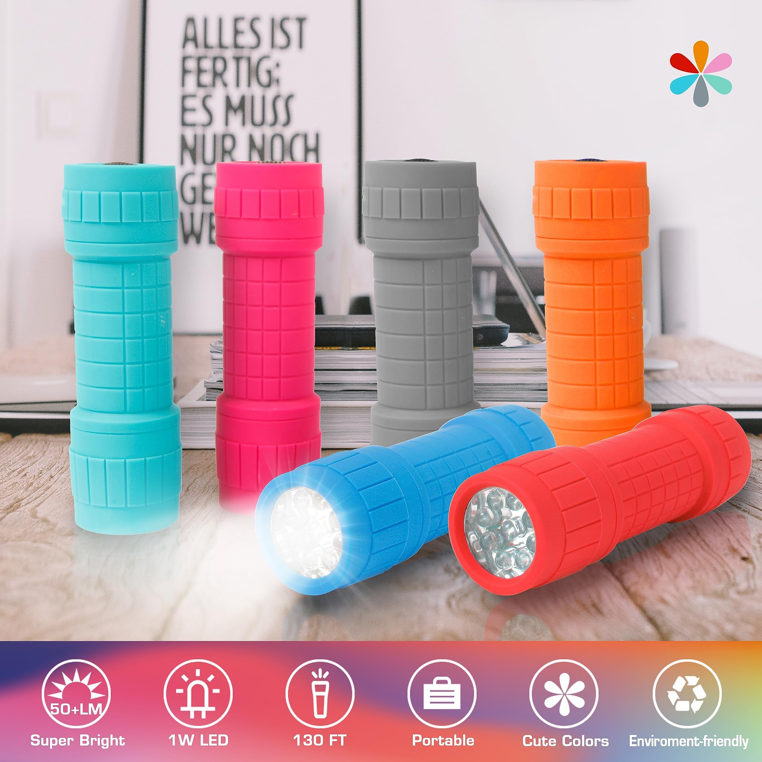 EverBrite 9-LED Flashlight 6-Pack Impact Handheld Torch Assorted Colors with Lanyard 3AAA Battery Included (Hurricane Supplies, Camping, Hiking, Emergency, Hunting) - Image 4