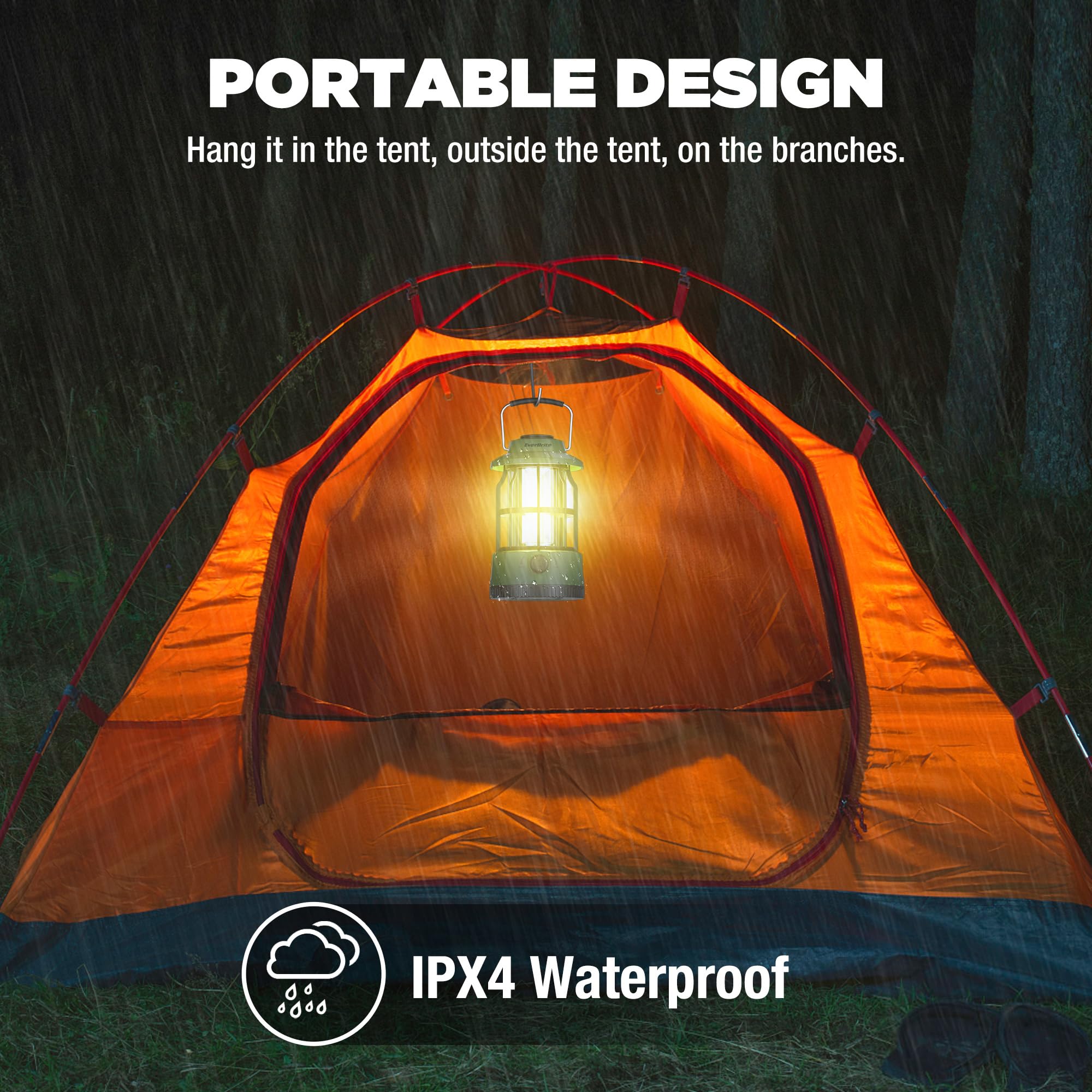 EverBrite LED Camping Lantern, USB C Rechargeable Lantern with Stepless Dimming, Vintage Portable Camping Lights & Lanterns, Lanterns for Power Outages, Hurricane, Emergency, Fishing, Home and More - Image 4