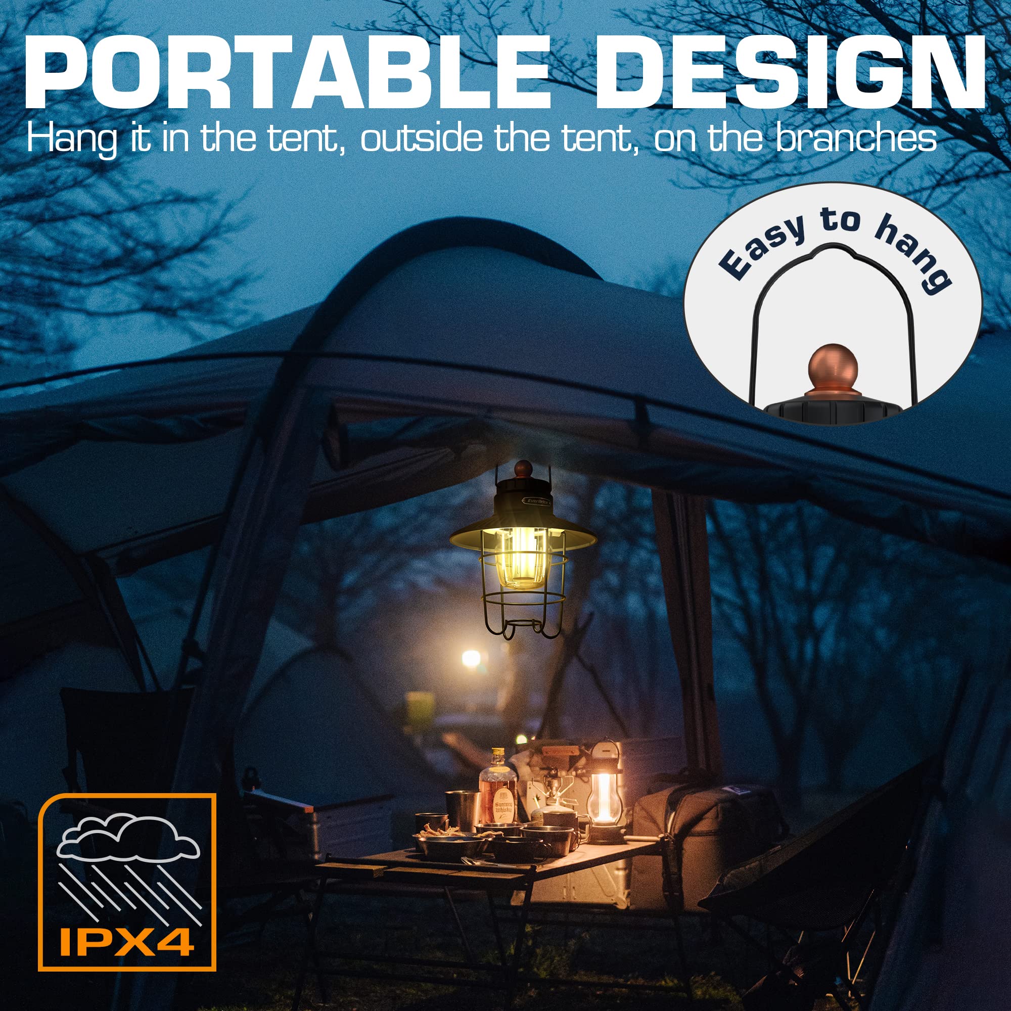 EverBrite LED Camping Lantern, USB C Rechargeable Lantern with 3 Light Modes, Vintage Outdoor Lanterns with Power Bank Function for Power Outages, Hurricane, Emergency, Fishing - Image 6