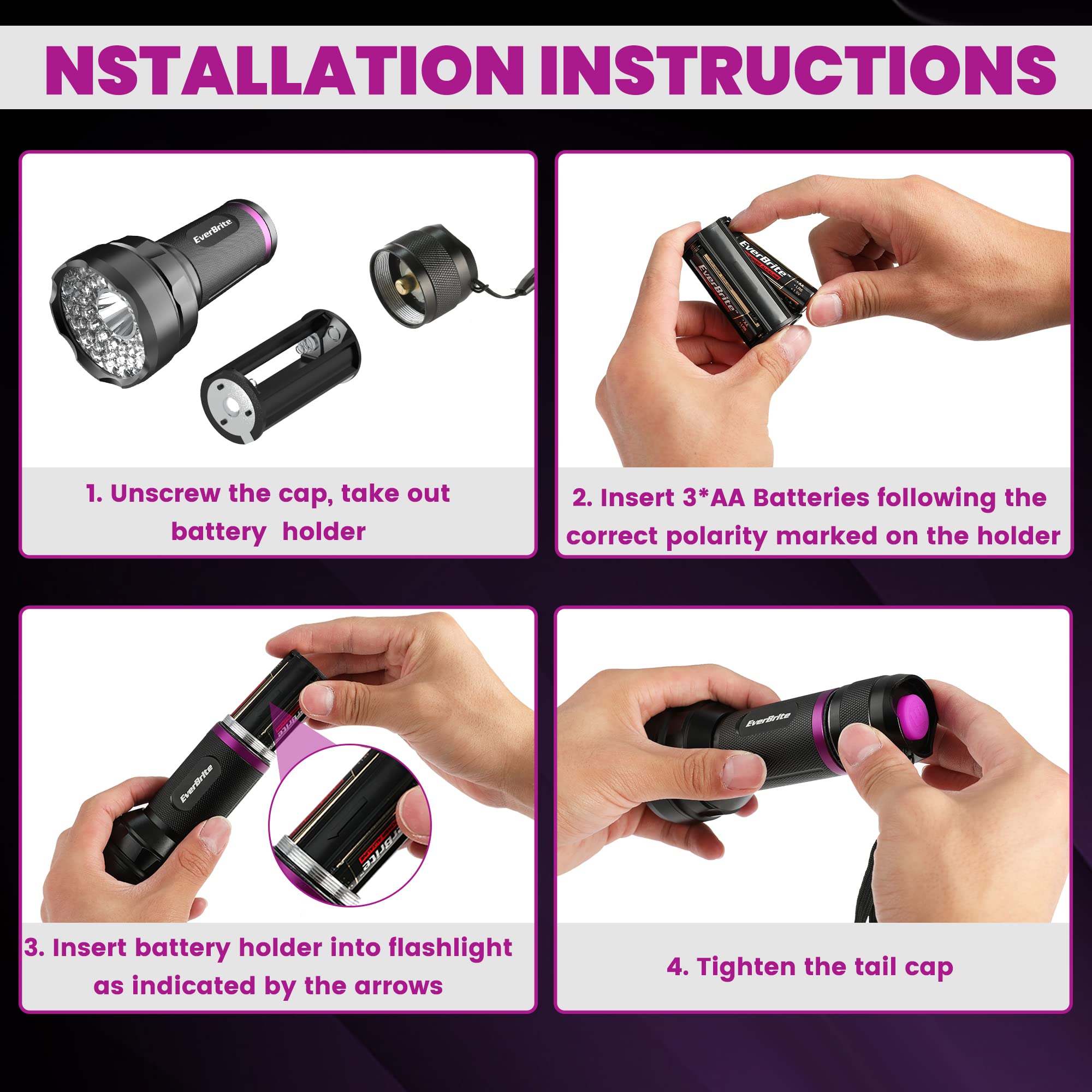 EverBrite LED Flashlight, Multifunctional Flashlight with UV and White Light, 395nm Black Light, 300 Lumens High Powered Flashlight for Camping, Emergencies, Pet Urine Stains, AA Batteries Included - Image 7