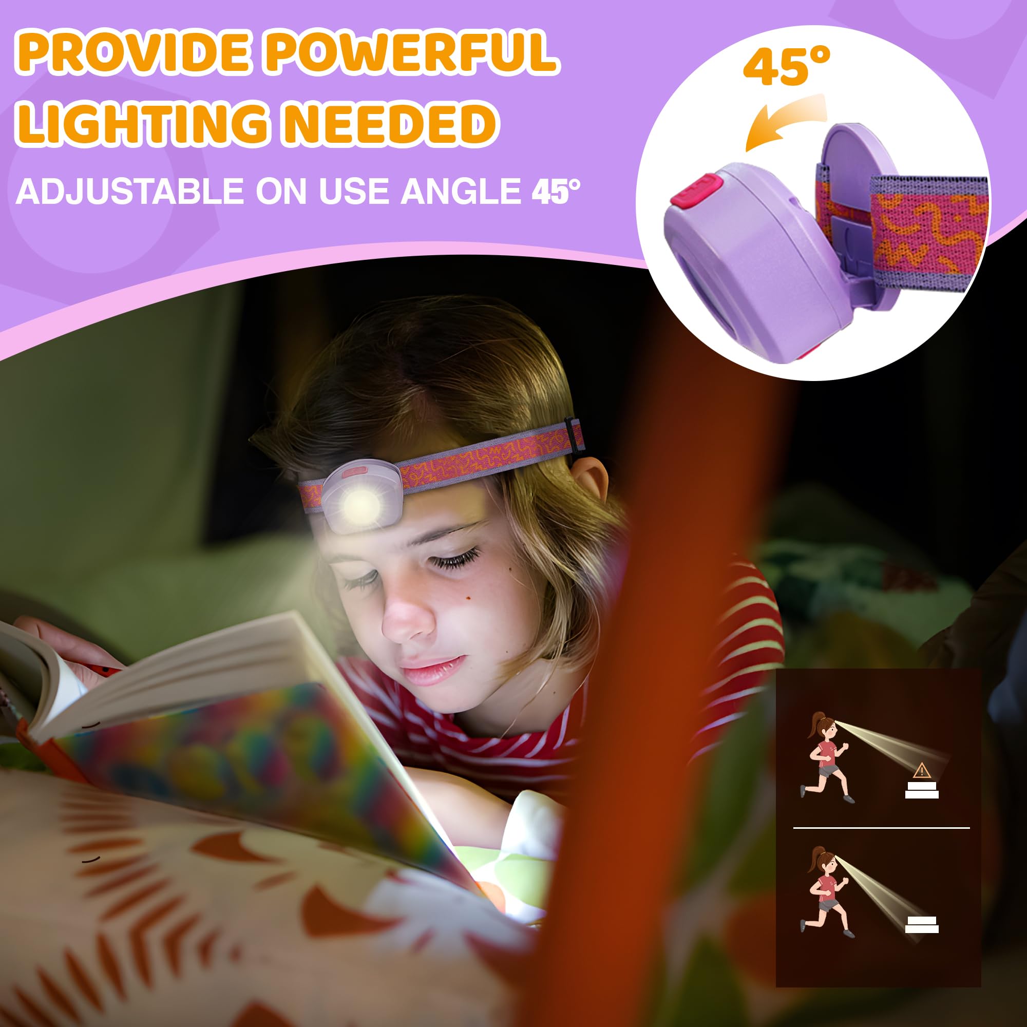 EverBrite LED Headlamp Rechargeable Kids Headlamp with RGB Mode and Adjustable Headband, 3 Modes Multicolor Headlamp for Camping, Reading, Exploring, Halloween, Christmas-2 Pack - Image 4
