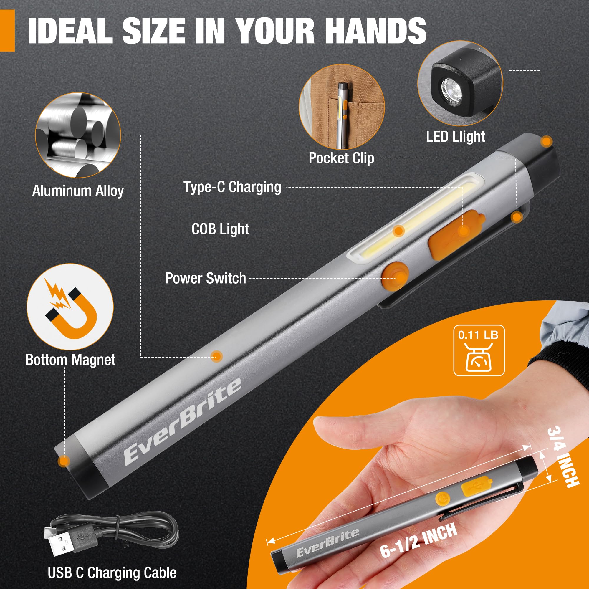 EverBrite Pen Flashlight, Rechargeable LED Pen Light, COB Light with White and Red Modes, Memory Function, USB C Cable, 6 Modes Pocket Penlight with Clip and Magnet, Waterproof, for Camping, Emergency - Image 3