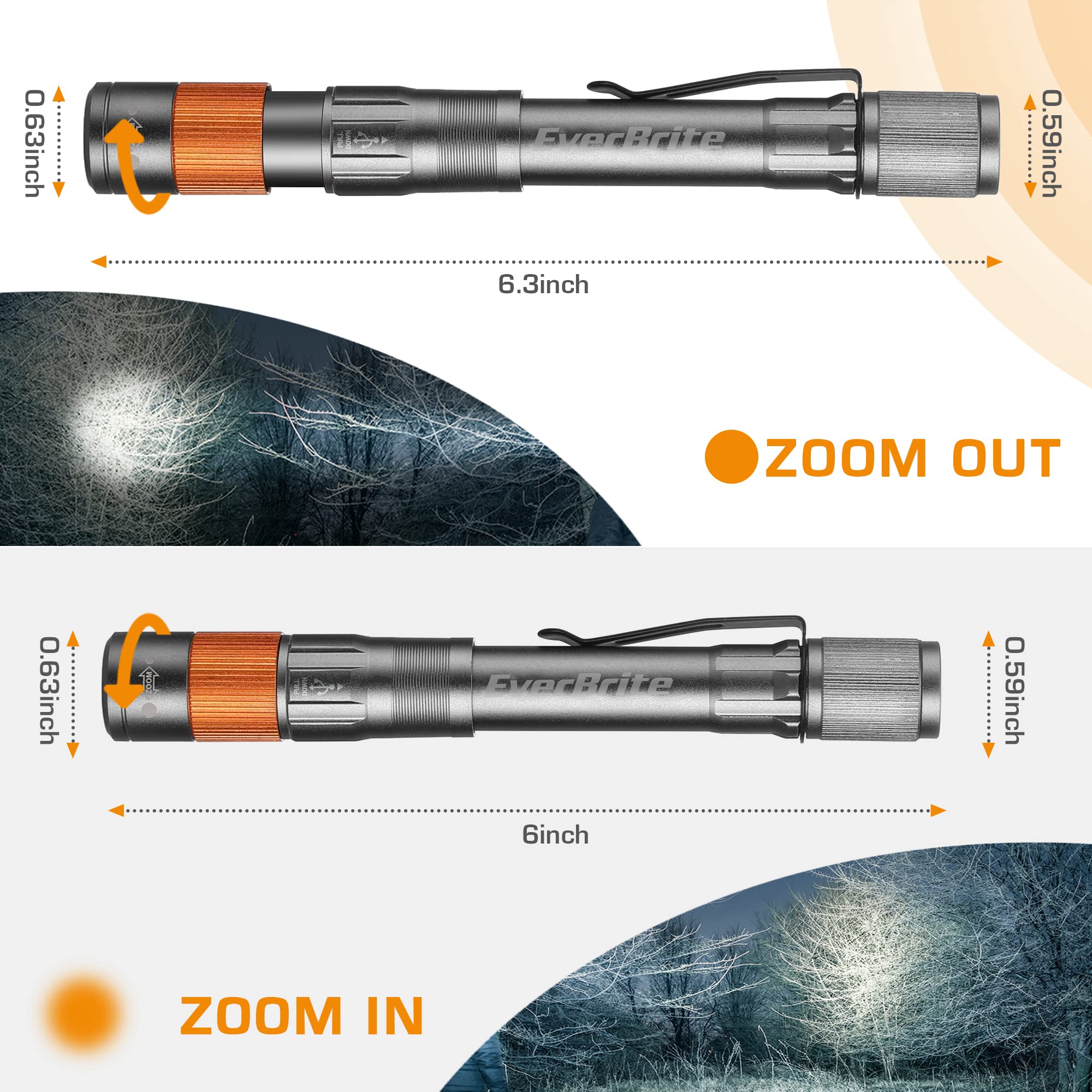 EverBrite Rechargeable Pen Light, 300 Lumens EDC Flashlight, Zoomable LED Pocket Flashlight with Clip, Memory Function and USB C Cable Included, for Camping, Emergency, Gray - Image 3