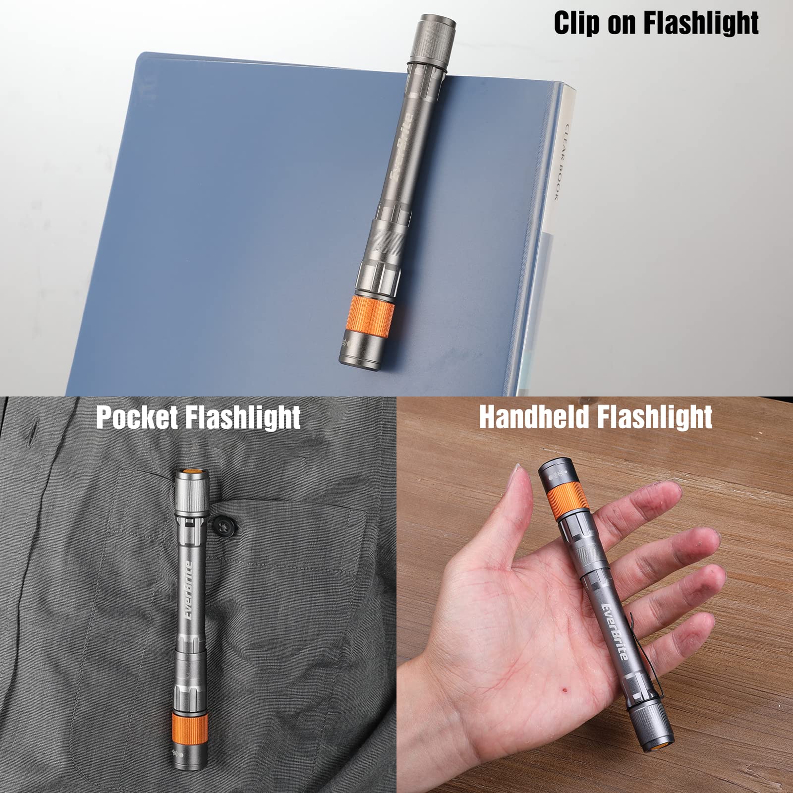 EverBrite Rechargeable Pen Light, 300 Lumens EDC Flashlight, Zoomable LED Pocket Flashlight with Clip, Memory Function and USB C Cable Included, for Camping, Emergency, Gray - Image 5