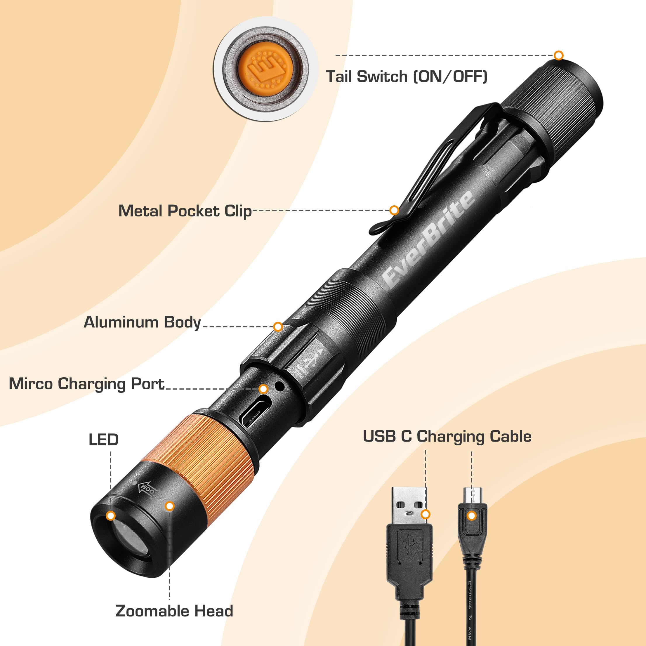 EverBrite Rechargeable Pen Light, 300 Lumens EDC Flashlight, Zoomable LED Pocket Flashlight with Clip, Memory Function and USB C Cable Included, for Camping, Emergency, Gray - Image 6