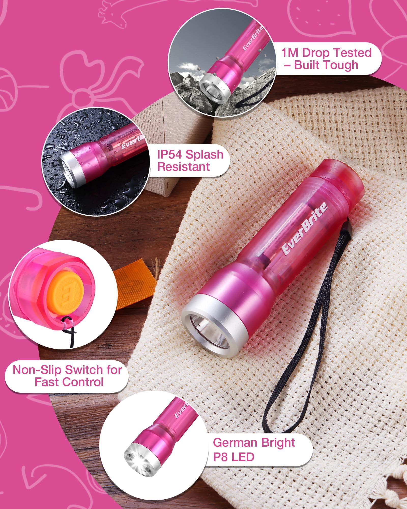 EverBrite Small Flashlight, Compact LED Flash Light with 3 Modes, 3 AAA Batteries Included, Water-Resistant Mini Flashlight for Home,Emergencies and Camping, Pink, 1 Pack - Image 4